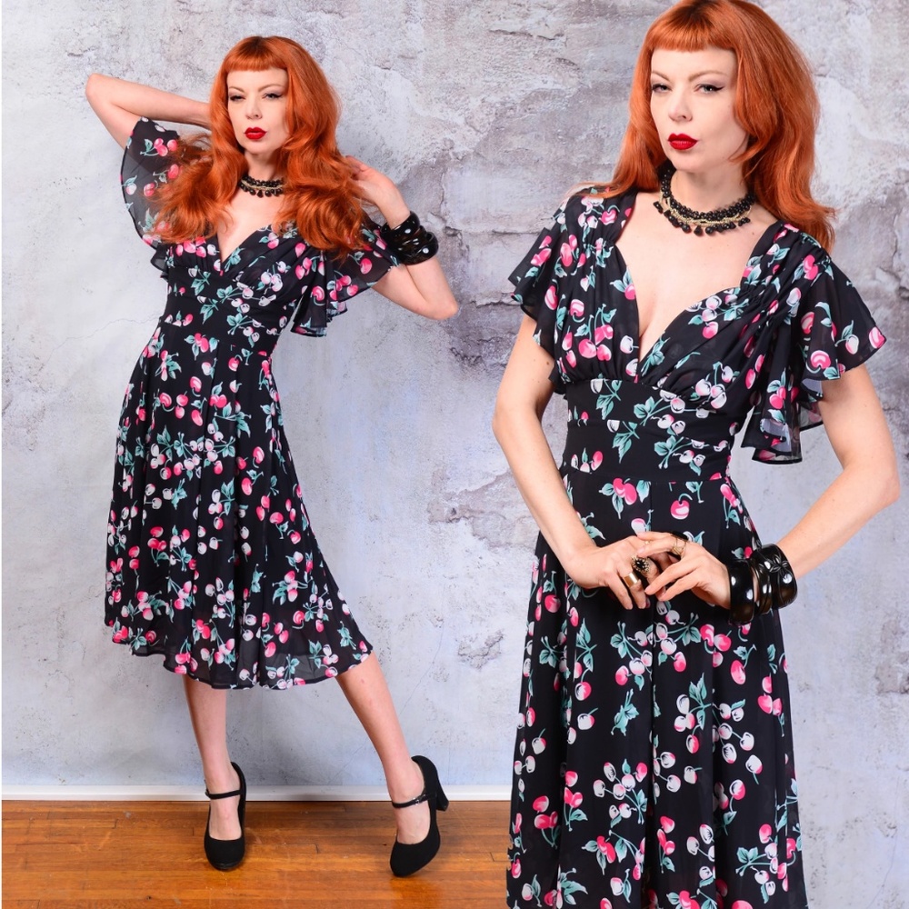 Rockabilly Cherries print flutter sleeve dress